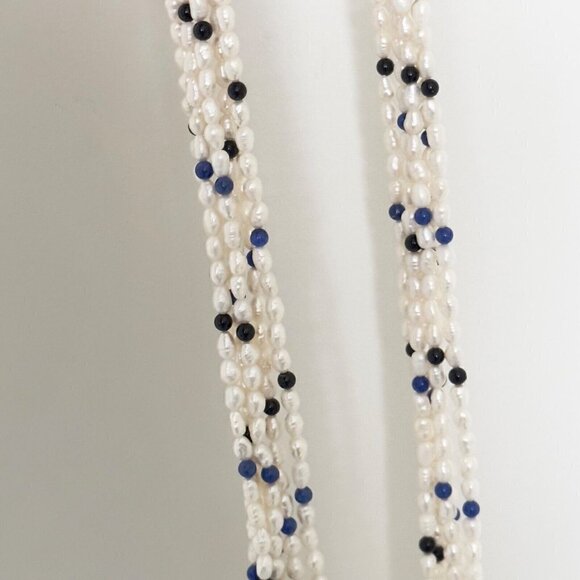 Vintage 14k Yellow Gold Pearl 6 Row Multi Strand Onyx Lapis Statement Necklace - Picture 8 of 14